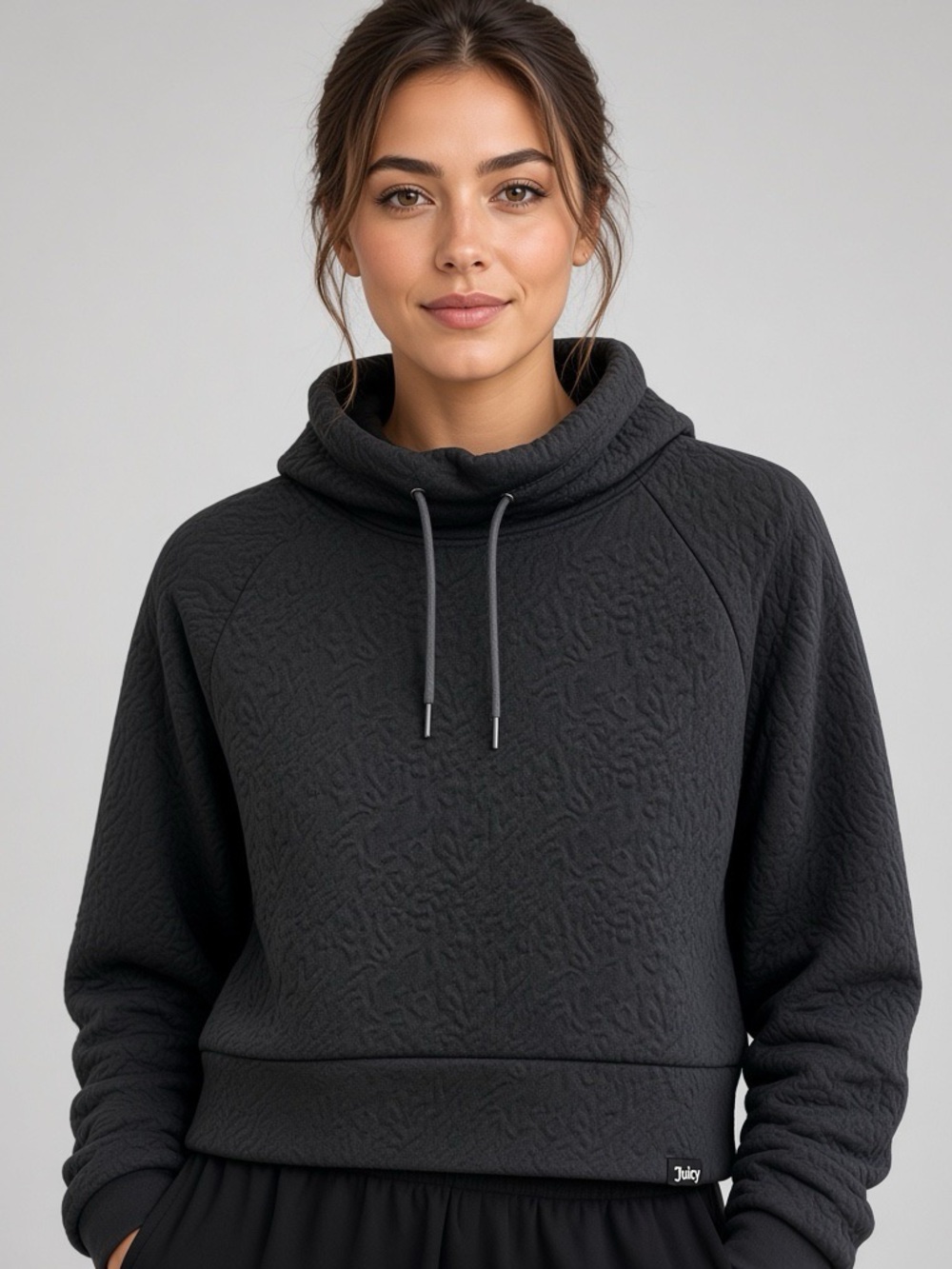 Juicy Couture Black Quilted Cowl Neck Cropped Pullover with Drawstring SZ Medium